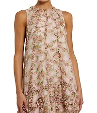Mac Duggal Mock Neck Micro Ruffle Printed Chiffon Shift Midi Dress