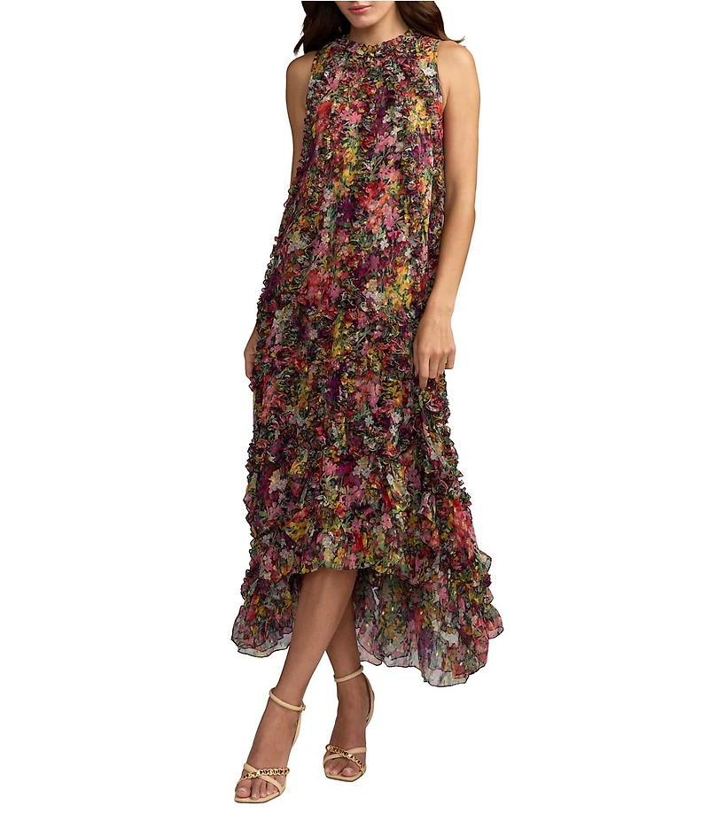 Mac Duggal Mock Neck Micro Ruffle Printed Chiffon Shift Midi Dress
