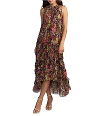 Mac Duggal Mock Neck Micro Ruffle Printed Chiffon Shift Midi Dress