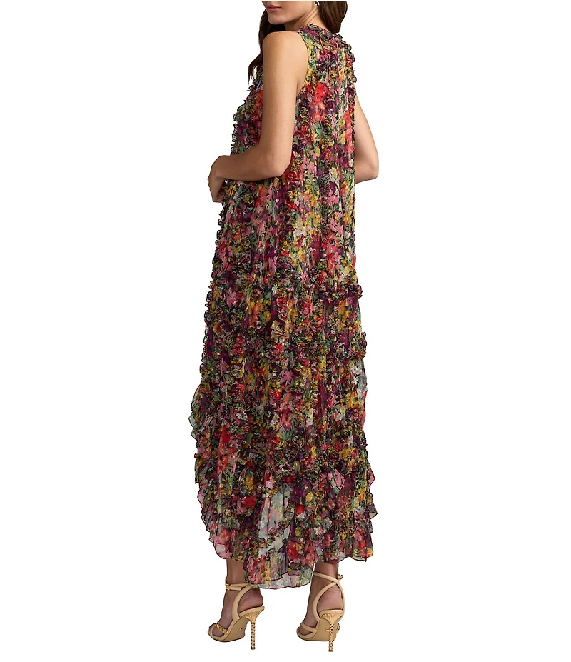 Mac Duggal Mock Neck Micro Ruffle Printed Chiffon Shift Midi Dress