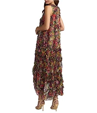 Mac Duggal Mock Neck Micro Ruffle Printed Chiffon Shift Midi Dress