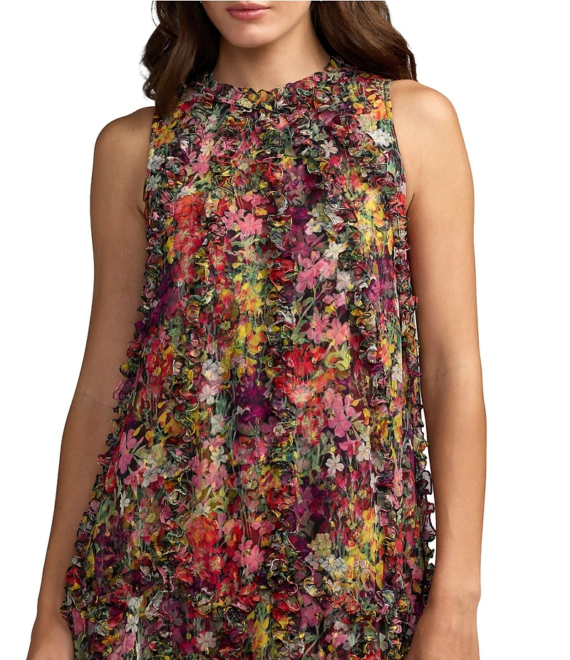 Mac Duggal Mock Neck Micro Ruffle Printed Chiffon Shift Midi Dress