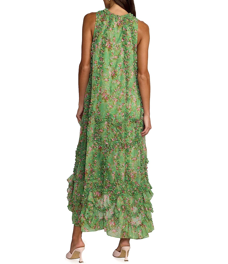 Mac Duggal Mock Neck Micro Ruffle Printed Chiffon Shift Midi Dress