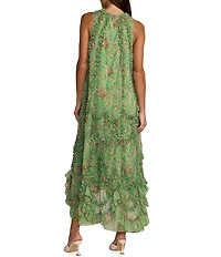 Mac Duggal Mock Neck Micro Ruffle Printed Chiffon Shift Midi Dress