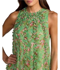Mac Duggal Mock Neck Micro Ruffle Printed Chiffon Shift Midi Dress
