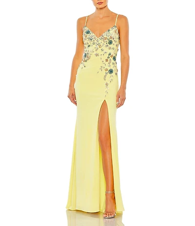 Mac Duggal Multi Color Floral Beaded V-Neck Sleeveless Open Back Detail Thigh High Slit Gown
