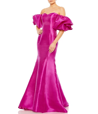 Mac Duggal Off-The-Shoulder Puff Short Sleeve Mermaid Gown