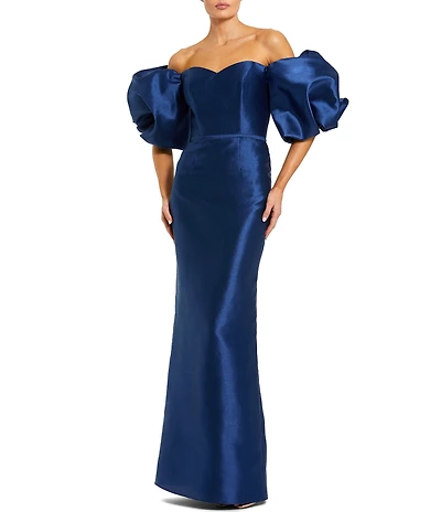 Mac Duggal Off The Shoulder Puff Sleeve Satin Column Gown