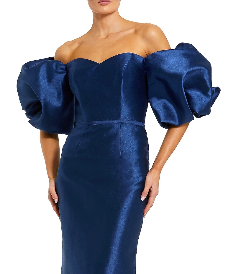 Mac Duggal Off The Shoulder Puff Sleeve Satin Column Gown