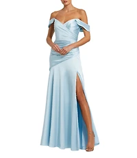 Mac Duggal Off-The-Shoulder Ruched Bodice Satin Charmeuse Drop Waist Gown