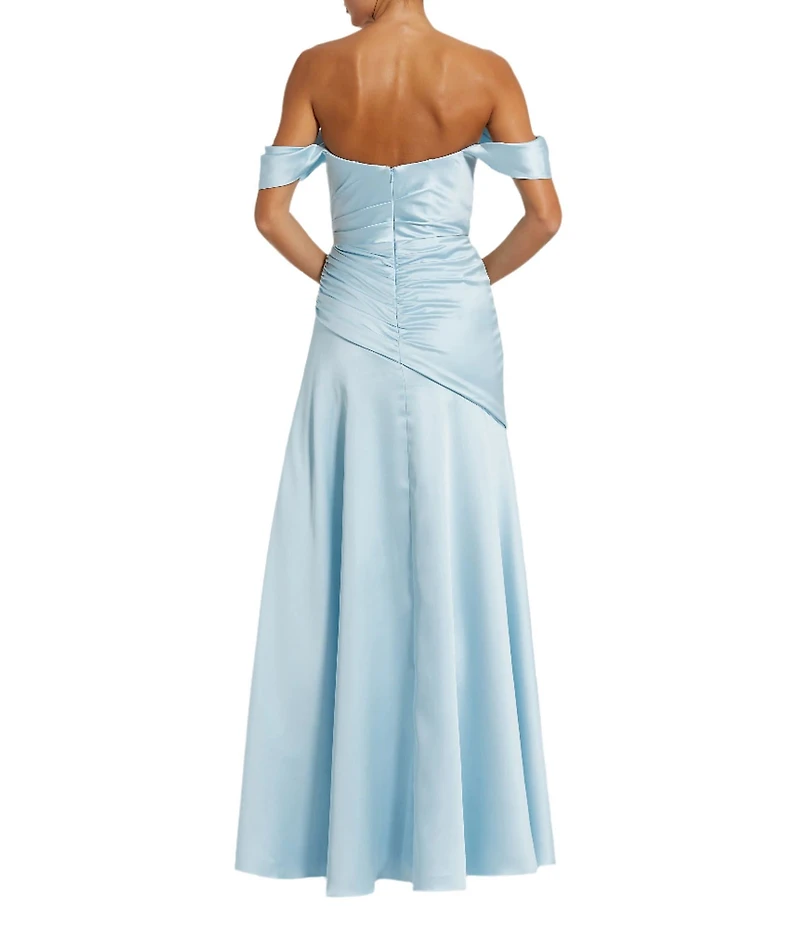 Mac Duggal Off-The-Shoulder Ruched Bodice Satin Charmeuse Drop Waist Gown
