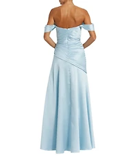 Mac Duggal Off-The-Shoulder Ruched Bodice Satin Charmeuse Drop Waist Gown