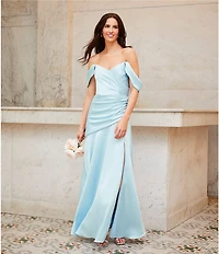 Mac Duggal Off-The-Shoulder Ruched Bodice Satin Charmeuse Drop Waist Gown