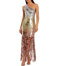 Mac Duggal Ombre Sequin Fringe Mesh One Shoulder Gown