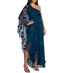 Mac Duggal One Shoulder Asymmetrical Net Gown With Flowers