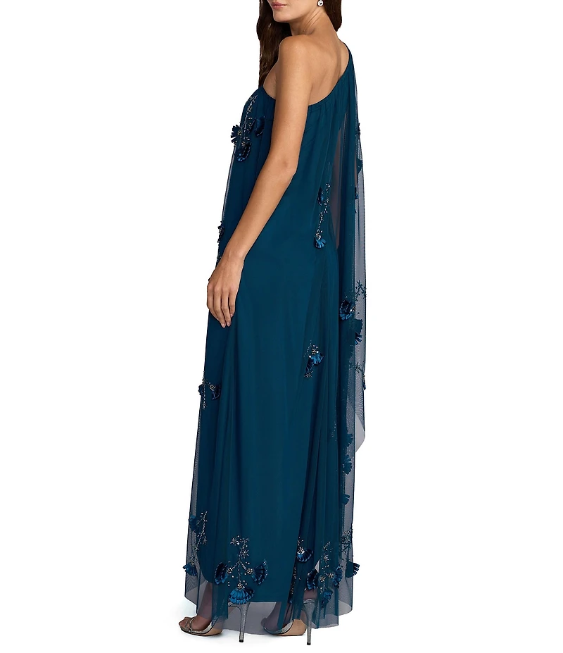 Mac Duggal One Shoulder Asymmetrical Net Gown With Flowers