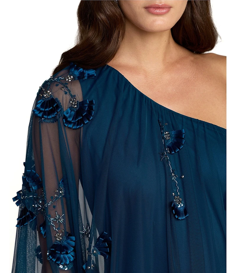 Mac Duggal One Shoulder Asymmetrical Net Gown With Flowers
