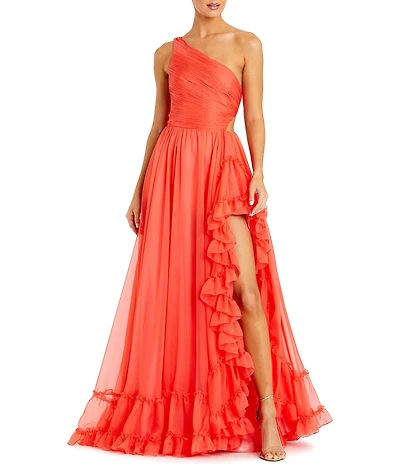 Mac Duggal One Shoulder Asymmetrical Ruffle Gown