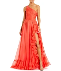 Mac Duggal One Shoulder Asymmetrical Ruffle Gown