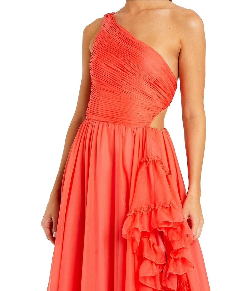 Mac Duggal One Shoulder Asymmetrical Ruffle Gown