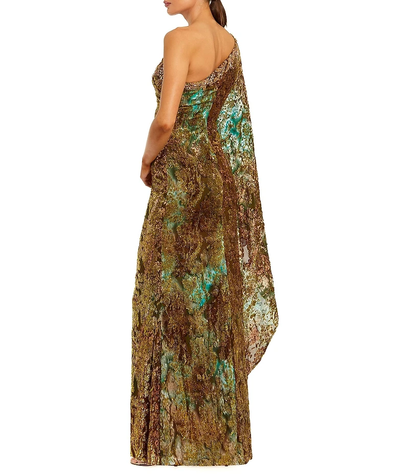 Mac Duggal One Shoulder Bat Wing Sleeve Burnout Velvet Column Gown