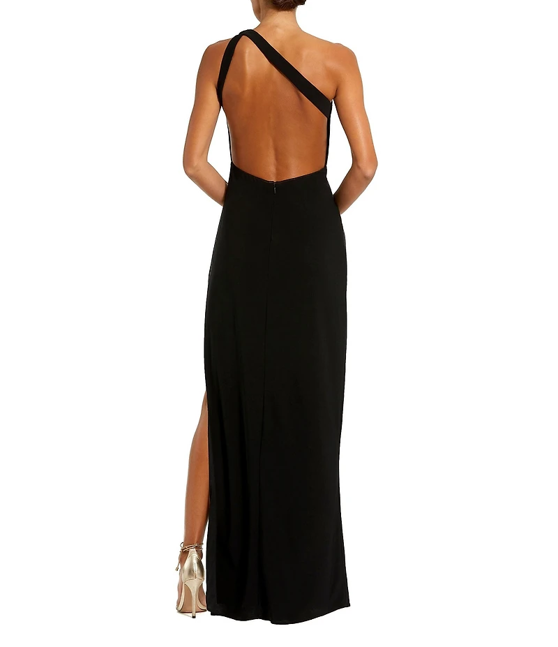 Mac Duggal One Shoulder Beaded Inset Cut Out Back Jersey Column Gown