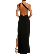 Mac Duggal One Shoulder Beaded Inset Cut Out Back Jersey Column Gown