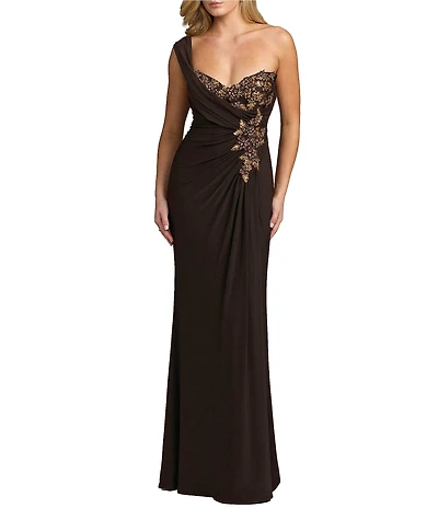 Mac Duggal One Shoulder Beaded Jersey Cowl Back Gown