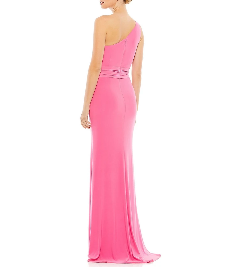 Mac Duggal One Shoulder Belted Jersey Trumpet Gown