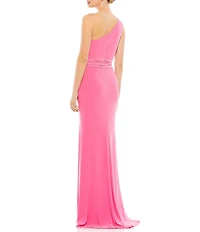 Mac Duggal One Shoulder Belted Jersey Trumpet Gown
