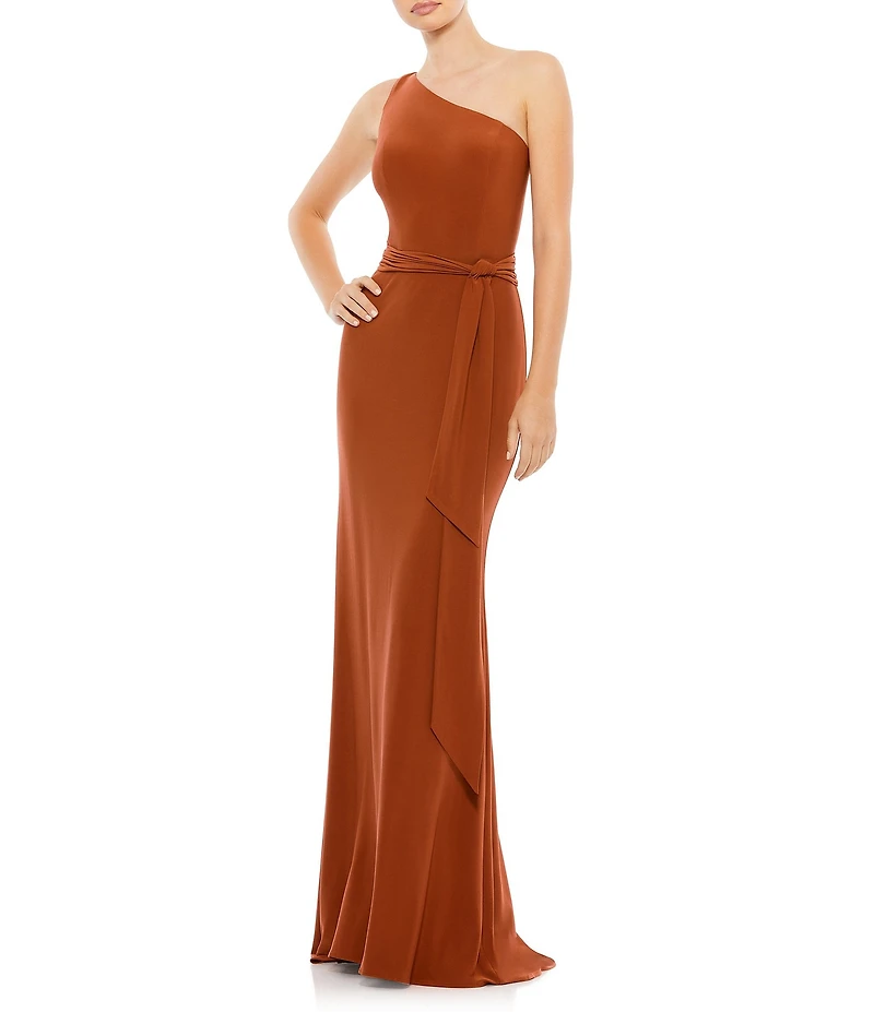 Mac Duggal One Shoulder Belted Jersey Trumpet Gown