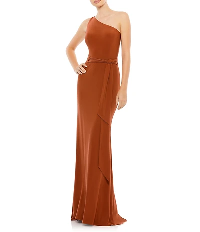 Mac Duggal One Shoulder Belted Jersey Trumpet Gown