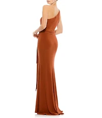 Mac Duggal One Shoulder Belted Jersey Trumpet Gown