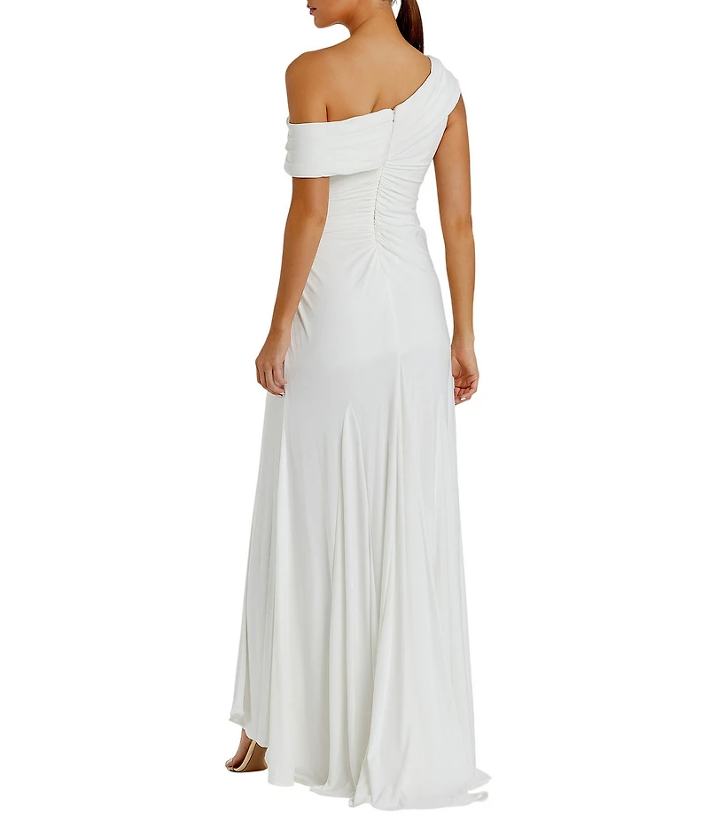 Mac Duggal One Shoulder Cap Sleeve Ruched Thigh High Slit Faux Wrap Gown