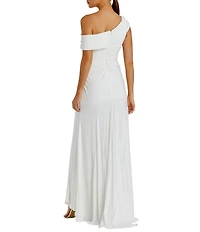 Mac Duggal One Shoulder Cap Sleeve Ruched Thigh High Slit Faux Wrap Gown