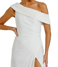 Mac Duggal One Shoulder Cap Sleeve Ruched Thigh High Slit Faux Wrap Gown
