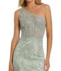 Mac Duggal One Shoulder Corset Embellished Mesh Sheath Gown