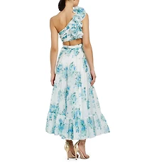 Mac Duggal One Shoulder Cut Out Floral Print Chiffon Midi Dress
