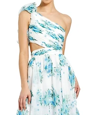Mac Duggal One Shoulder Cut Out Floral Print Chiffon Midi Dress