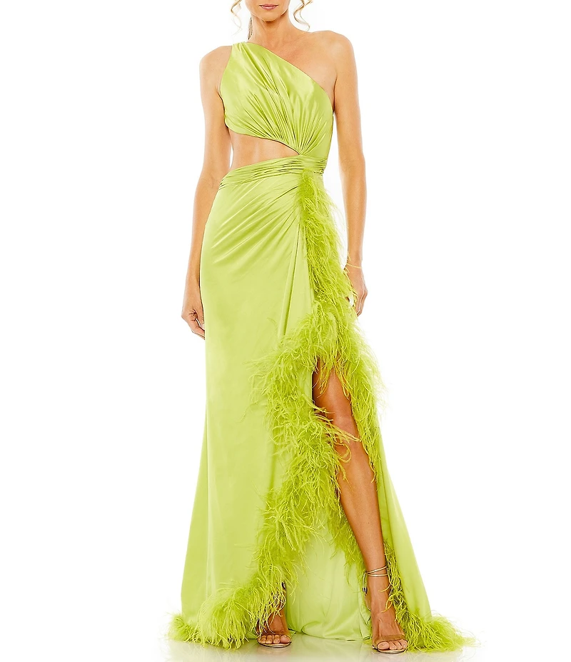Mac Duggal One Shoulder Feather Trim Cut Out Long Dress