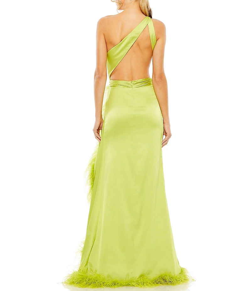 Mac Duggal One Shoulder Feather Trim Cut Out Long Dress