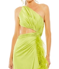 Mac Duggal One Shoulder Feather Trim Cut Out Long Dress