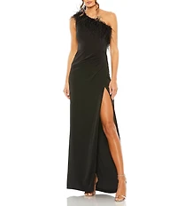 Mac Duggal One Shoulder Feather Trim Gown