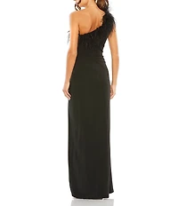 Mac Duggal One Shoulder Feather Trim Gown