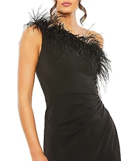 Mac Duggal One Shoulder Feather Trim Gown
