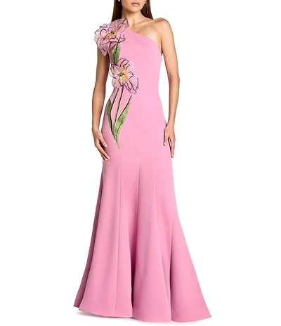 Mac Duggal One Shoulder Floral Detail Crepe A-Line Gown