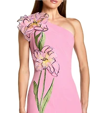 Mac Duggal One Shoulder Floral Detail Crepe A-Line Gown