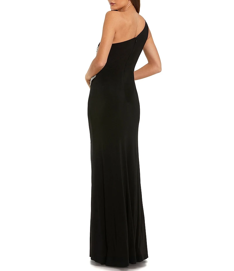Mac Duggal One Shoulder Formal Gown with Slit and Flower Applique