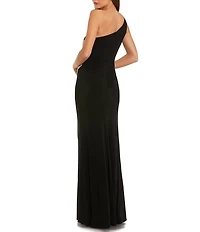 Mac Duggal One Shoulder Formal Gown with Slit and Flower Applique