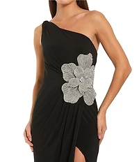 Mac Duggal One Shoulder Formal Gown with Slit and Flower Applique